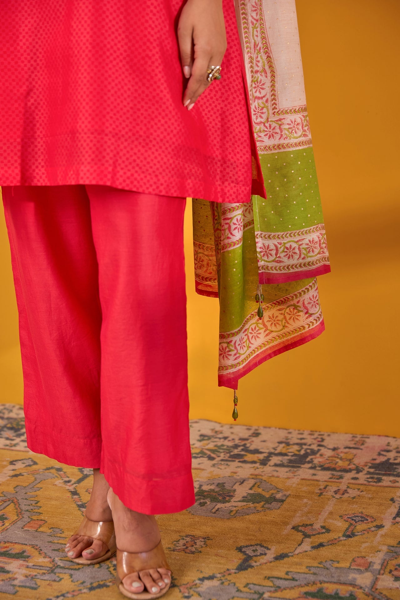 Red Chanderi Hand Block Printed Kurta Set With Dupatta