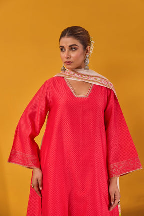 Red Chanderi Hand Block Printed Kurta Set With Dupatta