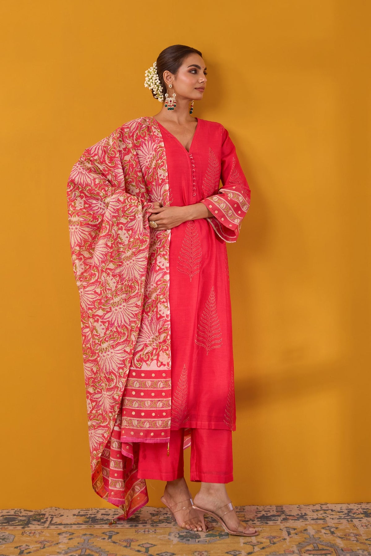 Red Hand Block Printed Chanderi Kurta Set With Dupatta