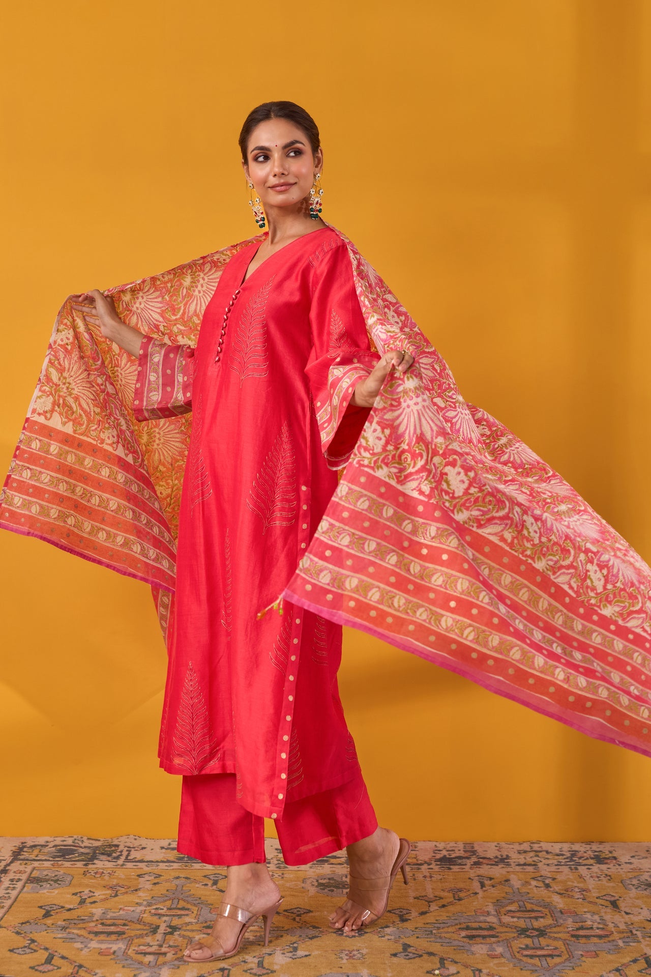 Red Hand Block Printed Chanderi Kurta Set With Dupatta