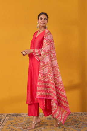 Red Hand Block Printed Chanderi Kurta Set With Dupatta