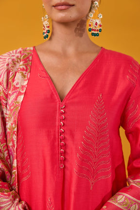 Red Hand Block Printed Chanderi Kurta Set With Dupatta