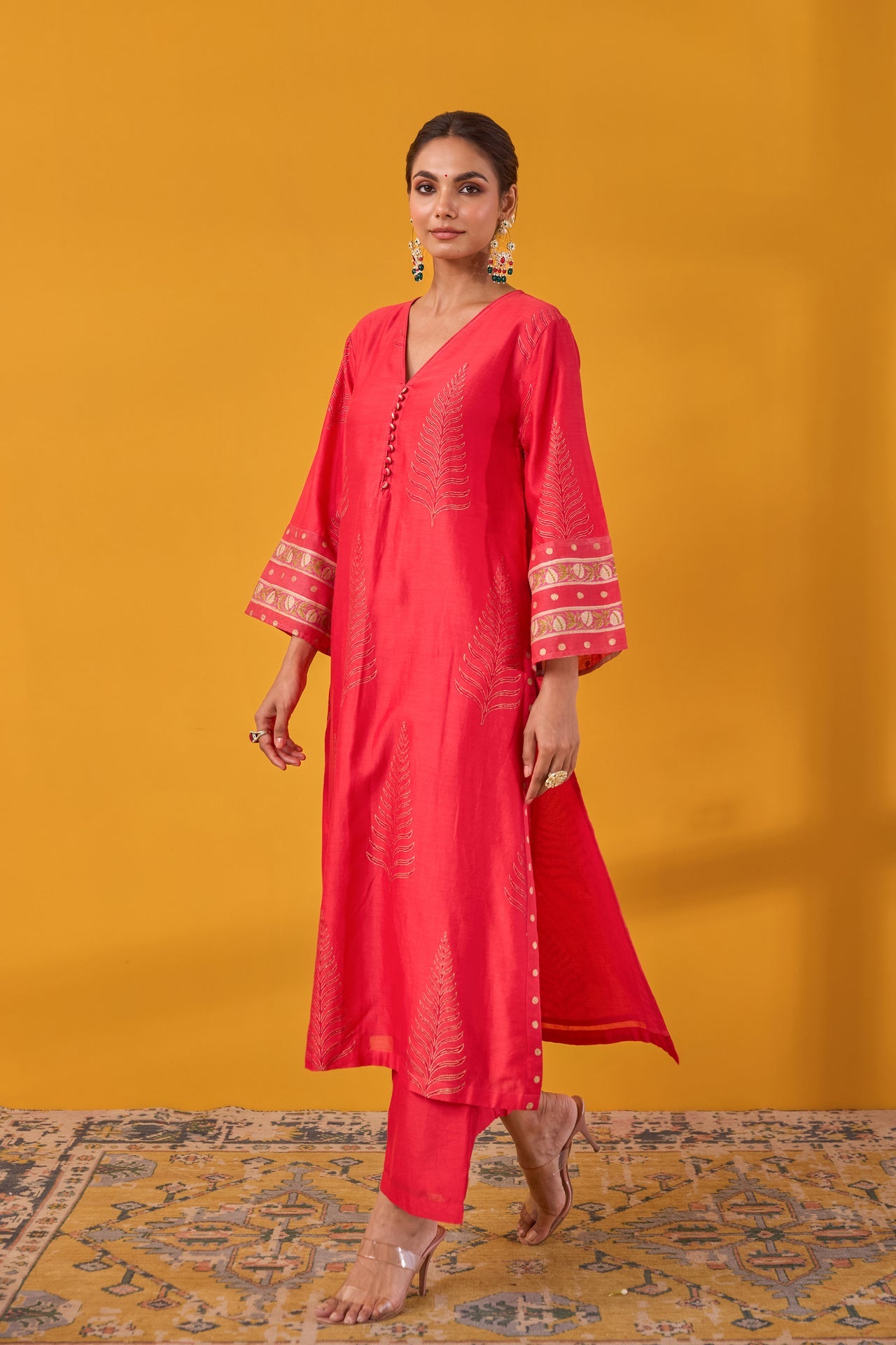 Red Hand Block Printed Chanderi Kurta Set With Dupatta