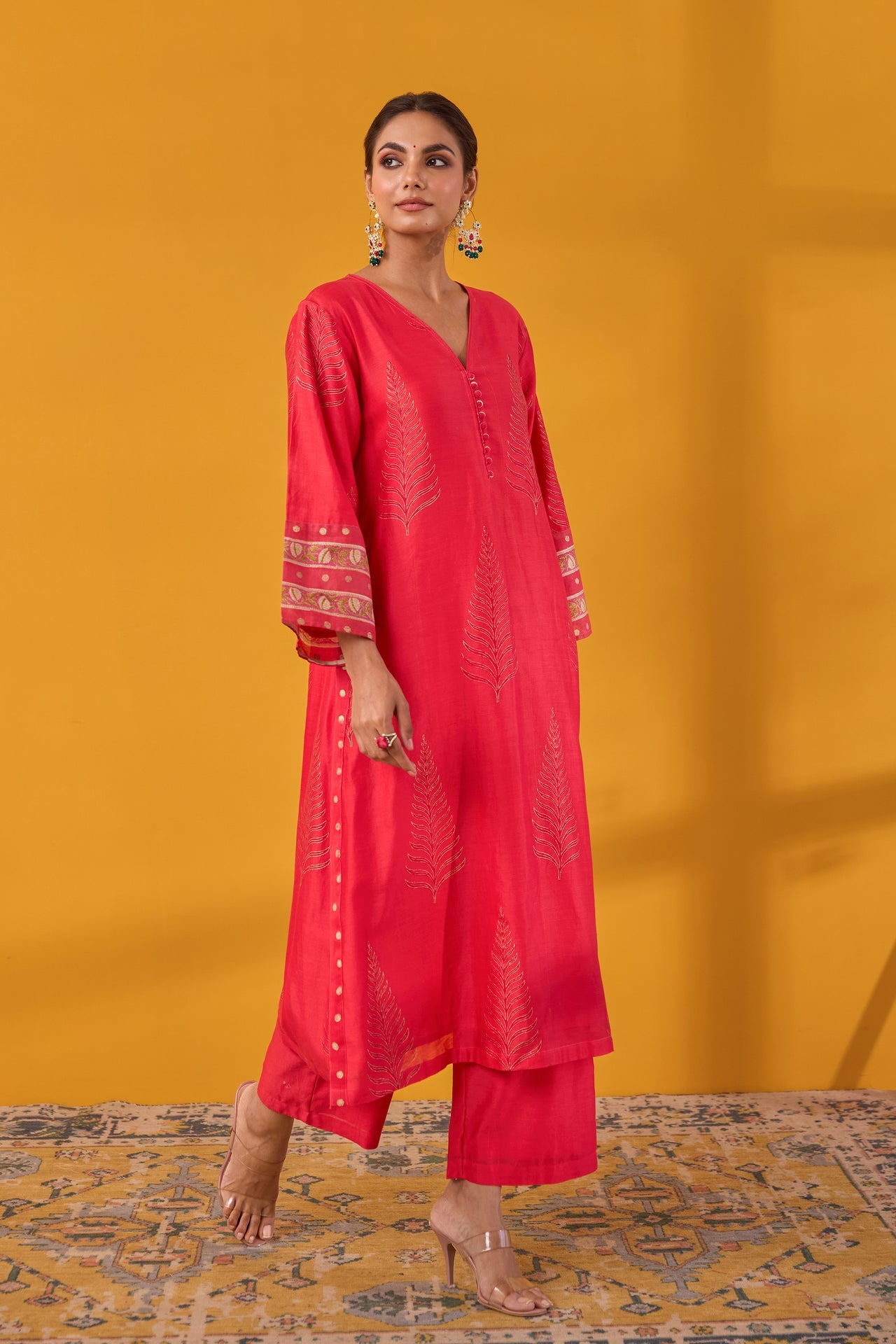 Red Hand Block Printed Chanderi Kurta Set With Dupatta