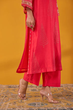 Red Hand Block Printed Chanderi Kurta Set With Dupatta