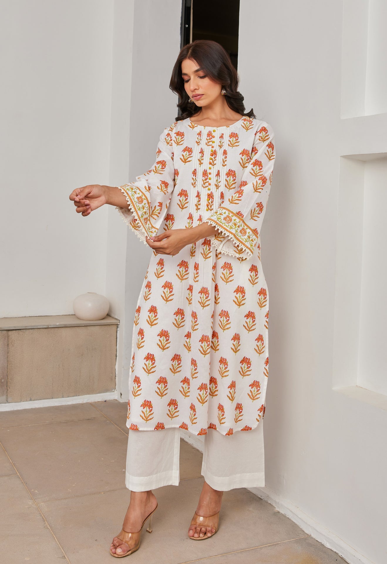 Cotton Yellow and Orange Floral Buti Printed Coord Set