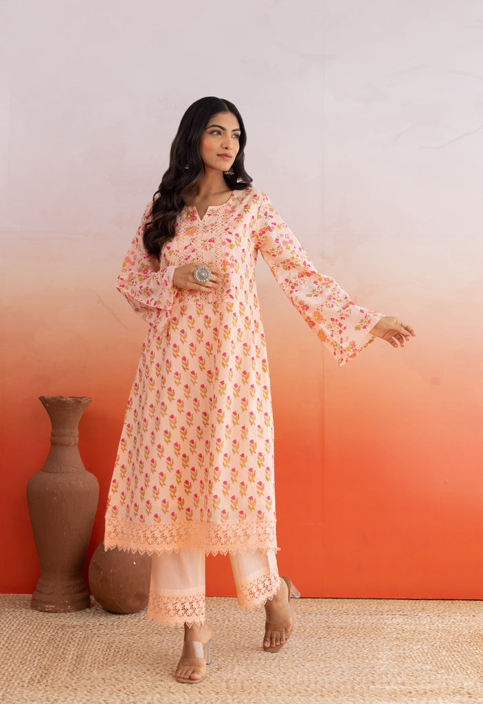 PEACH BUTI HAND BLOCK PRINTED COORD SET