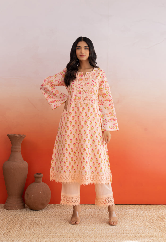 PEACH BUTI HAND BLOCK PRINTED COORD SET