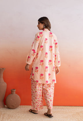 PEACH FLORAL BUTA HAND BLOCK PRINTED COORD SET