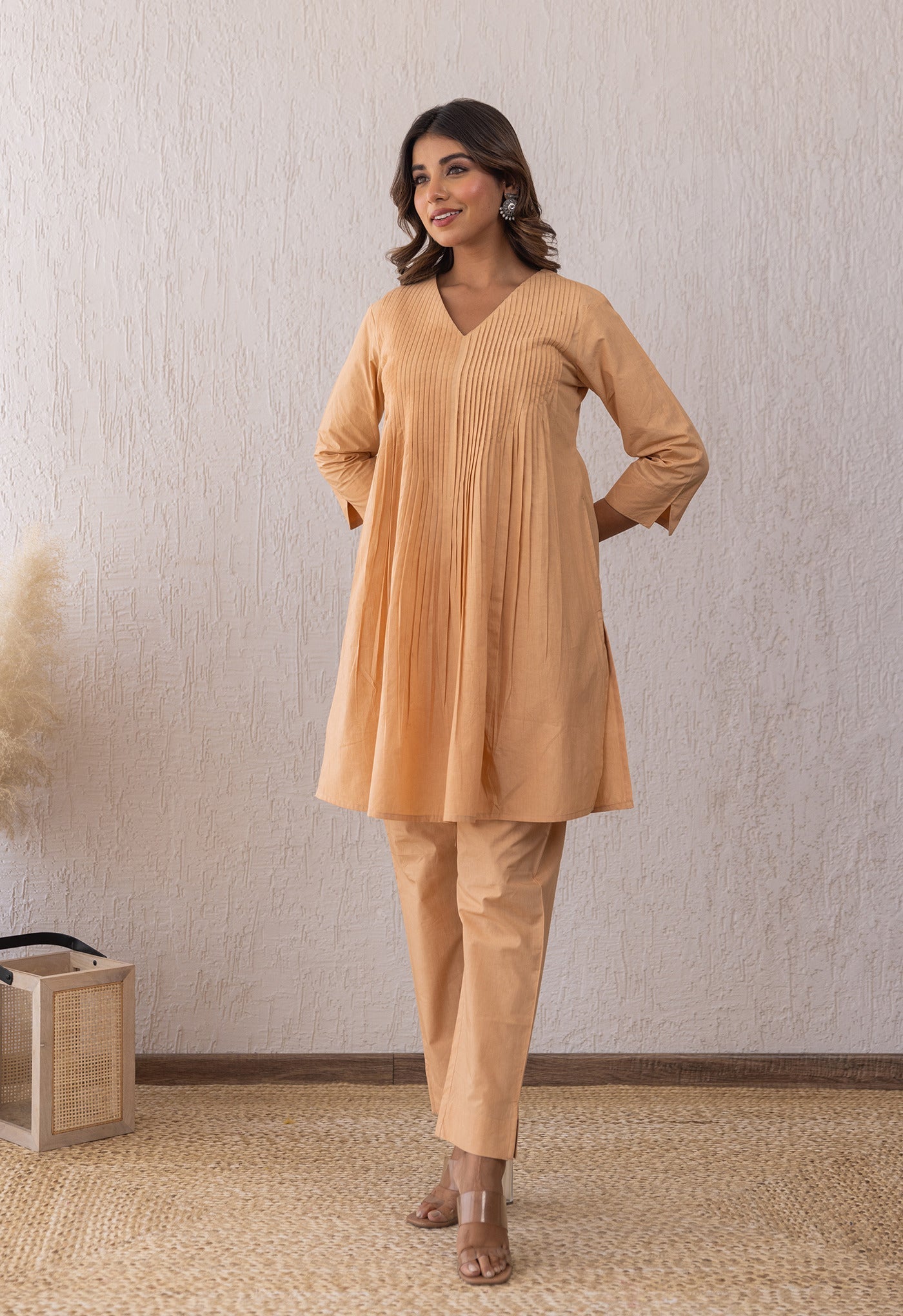 ALMOND CREAME SOLID PINTUCKS COORD SET - Tara - C - Tara