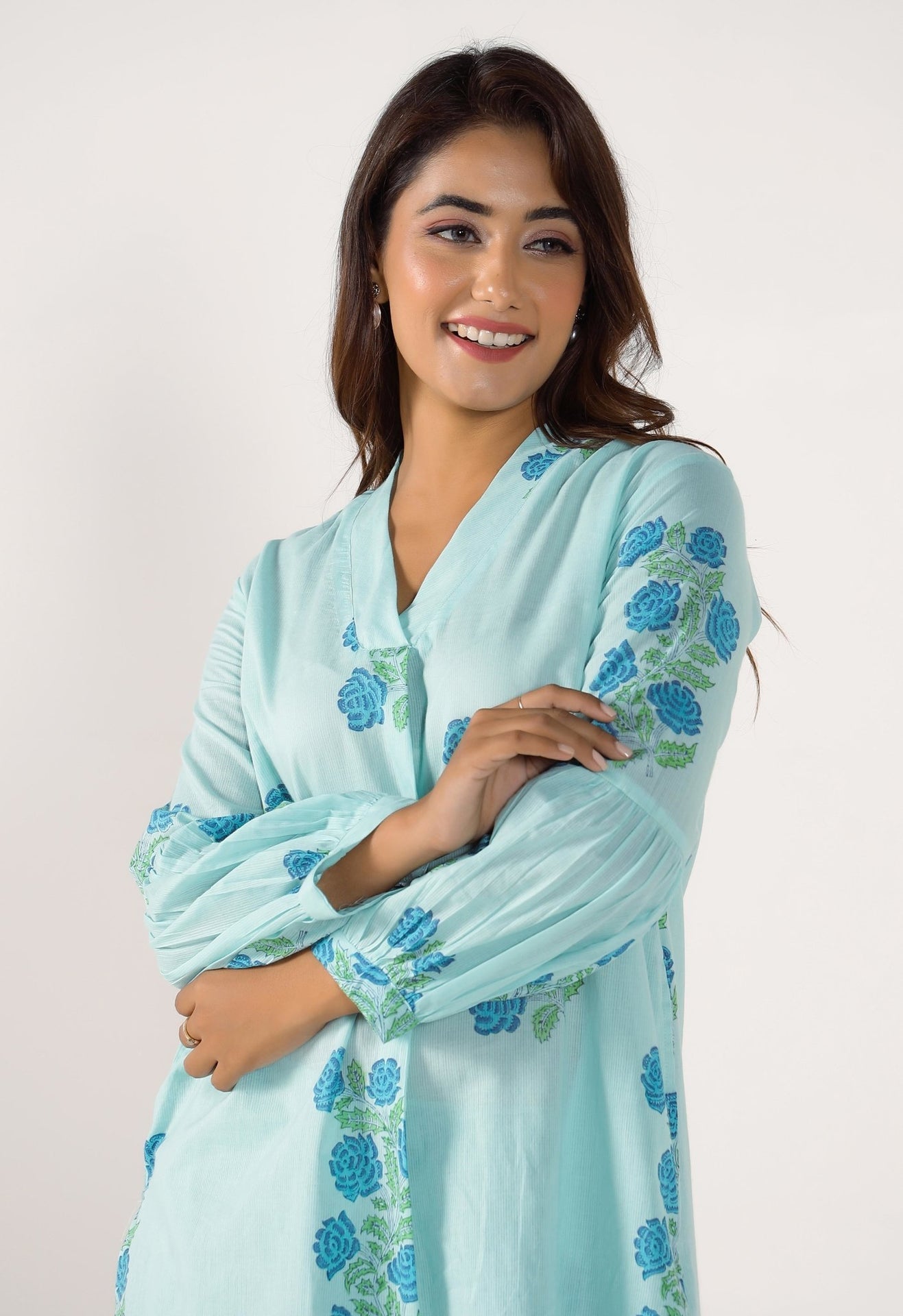Aqua Blue bHand Block Printed Floral Co-ord Set (2pc) - Tara-C-Tara