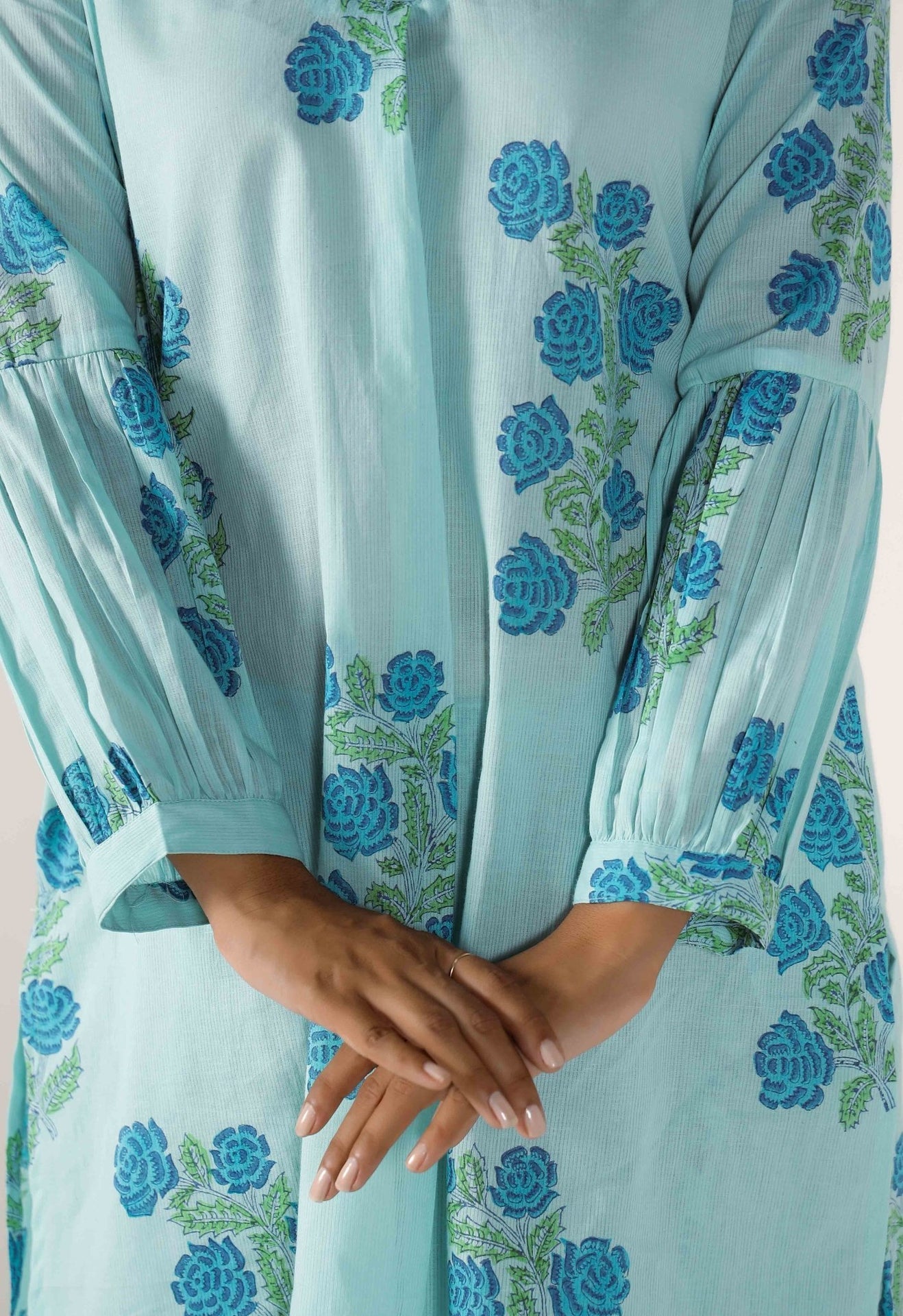 Aqua Blue bHand Block Printed Floral Co-ord Set (2pc) - Tara-C-Tara
