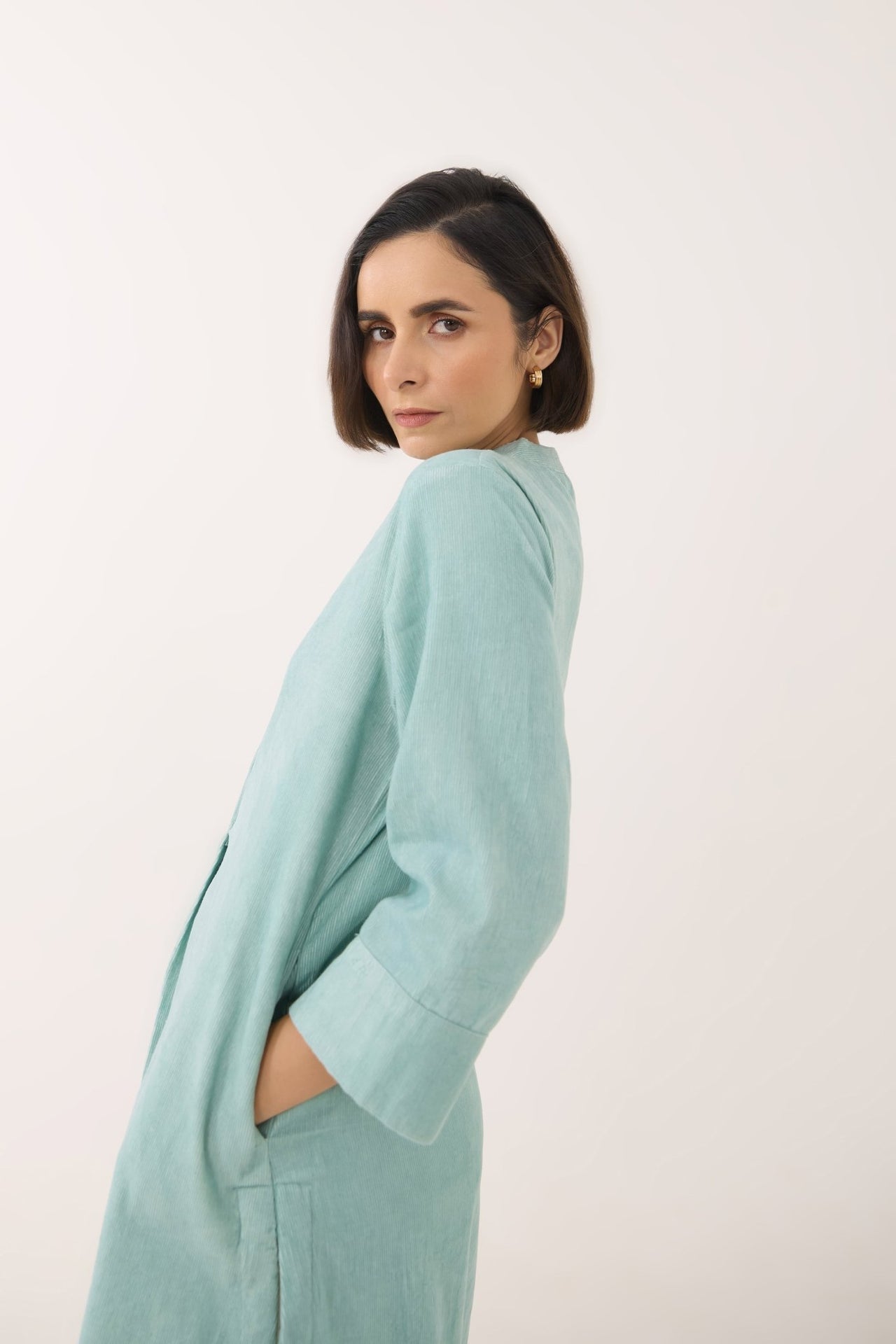 Aqua Blue Corduroy Long Kurta - Tara - C - Tara