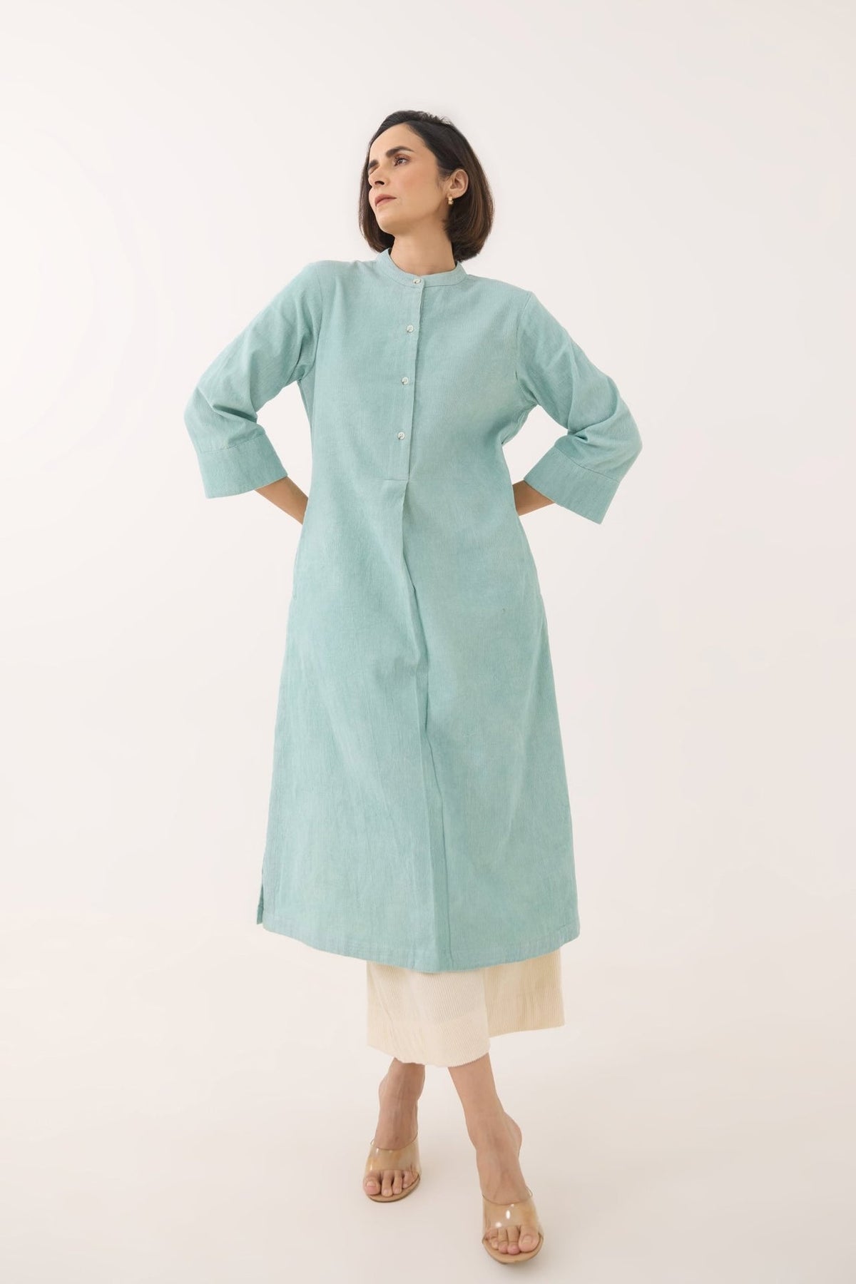 Aqua Blue Corduroy Long Kurta - Tara - C - Tara