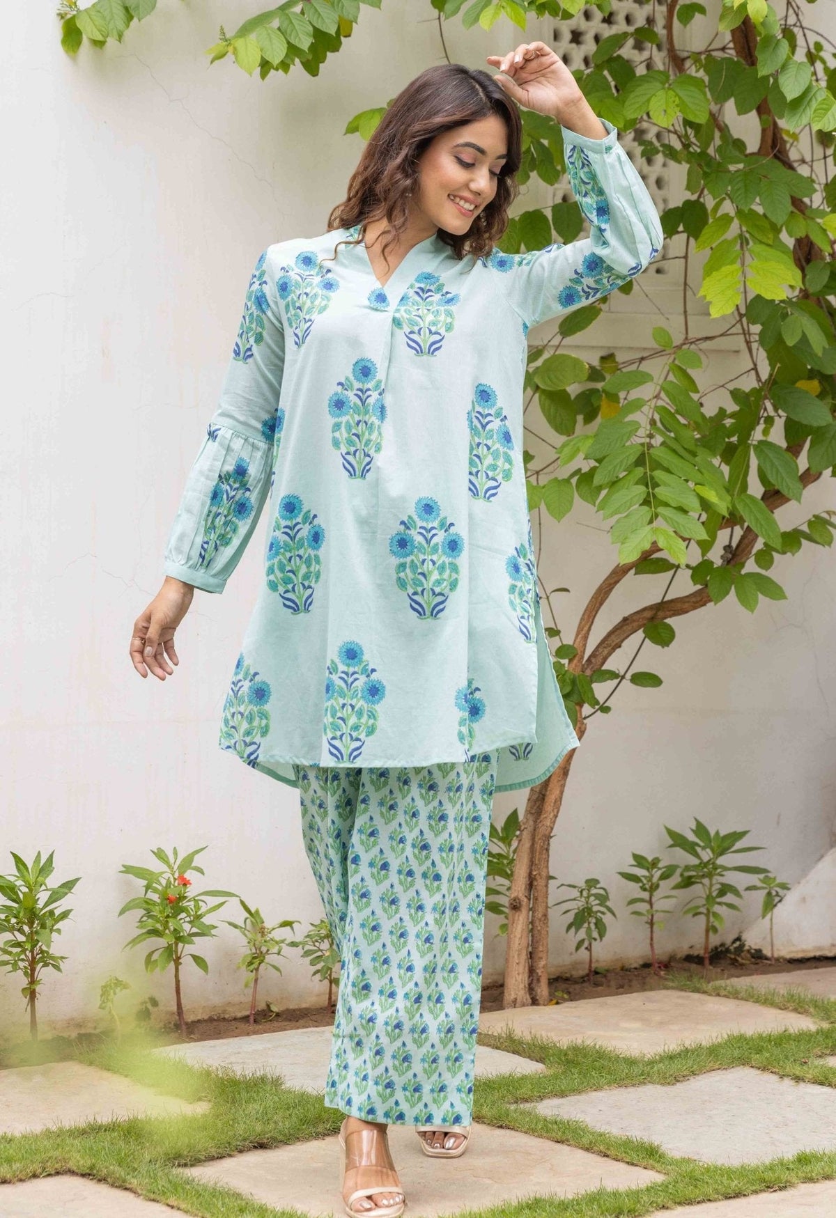 Aqua Blue Floral Boota and Buti Hand block printed Co-ord Set - Tara-C-Tara