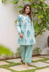 Aqua Blue Floral Boota and Buti Hand block printed Co-ord Set - Tara-C-Tara