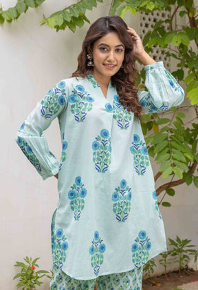 Aqua Blue Floral Boota and Buti Hand block printed Co-ord Set - Tara-C-Tara