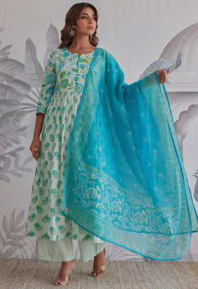 Aqua Blue Floral Printed Anarkali Suit Set - Tara - C - Tara