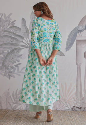 Aqua Blue Floral Printed Anarkali Suit Set - Tara - C - Tara