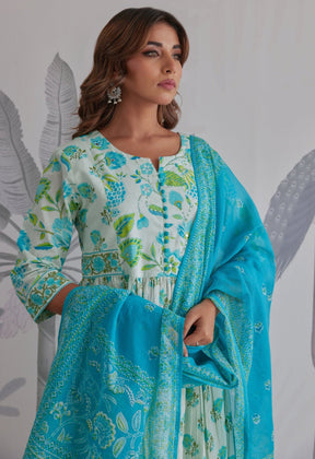 Aqua Blue Floral Printed Anarkali Suit Set - Tara - C - Tara