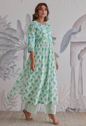 Aqua Blue Floral Printed Anarkali Suit Set - Tara - C - Tara