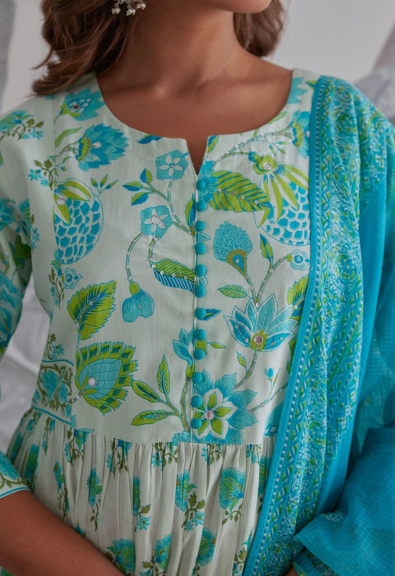 Aqua Blue Floral Printed Anarkali Suit Set - Tara - C - Tara