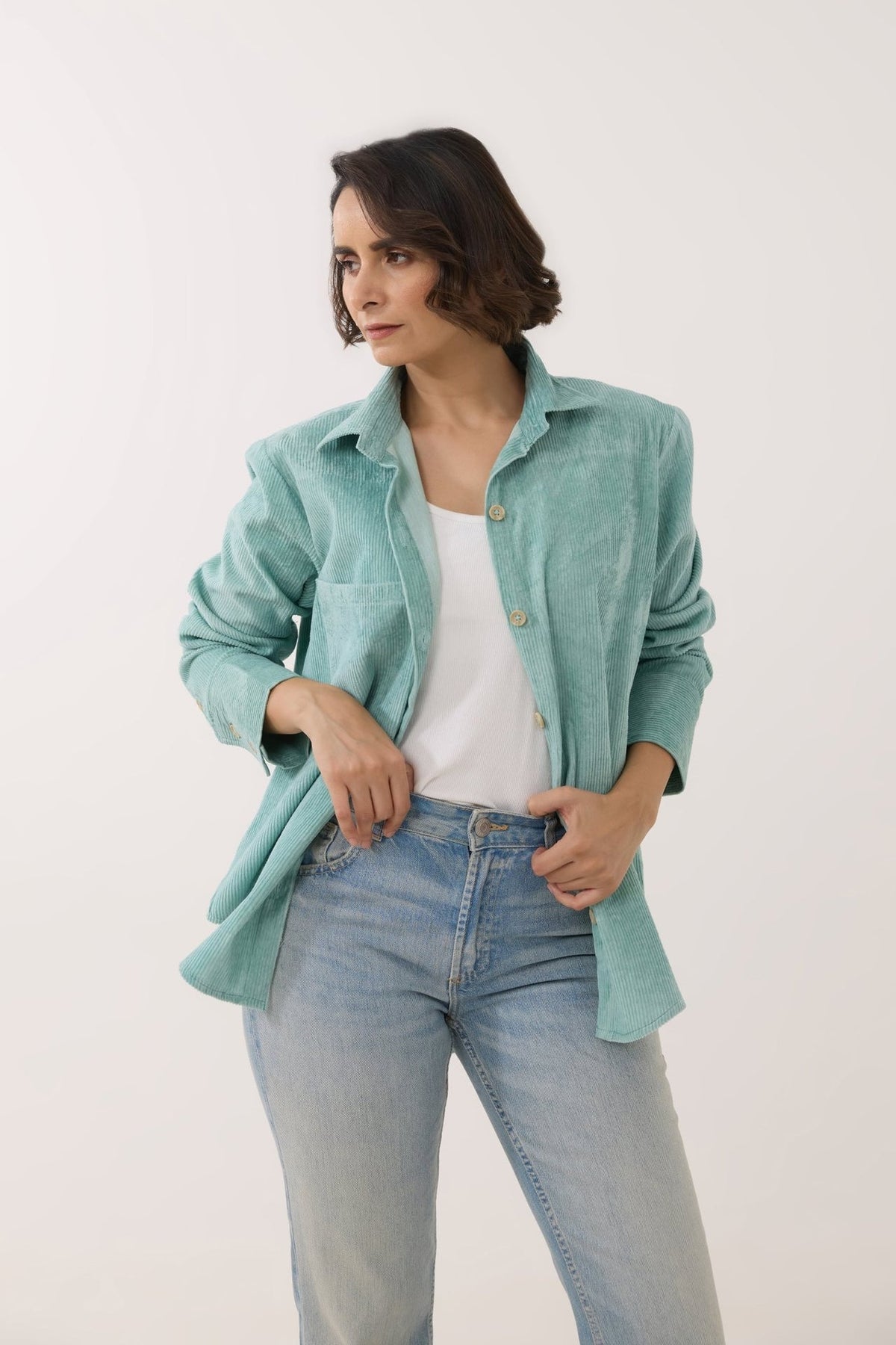 Aqua Blue Oversized Corduroy Shirt - Tara - C - Tara