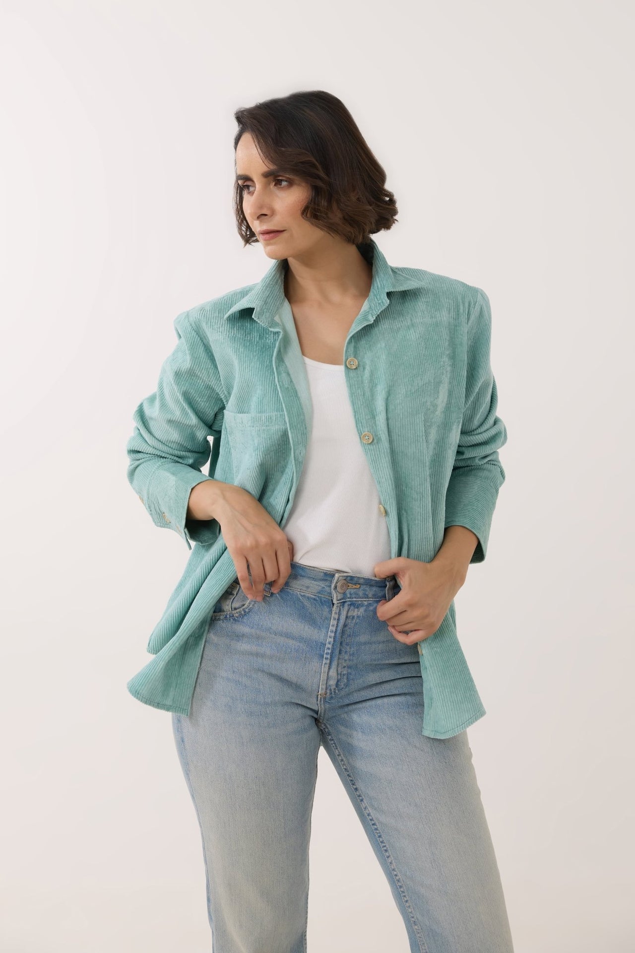 Aqua Blue Oversized Corduroy Shirt - Tara - C - Tara