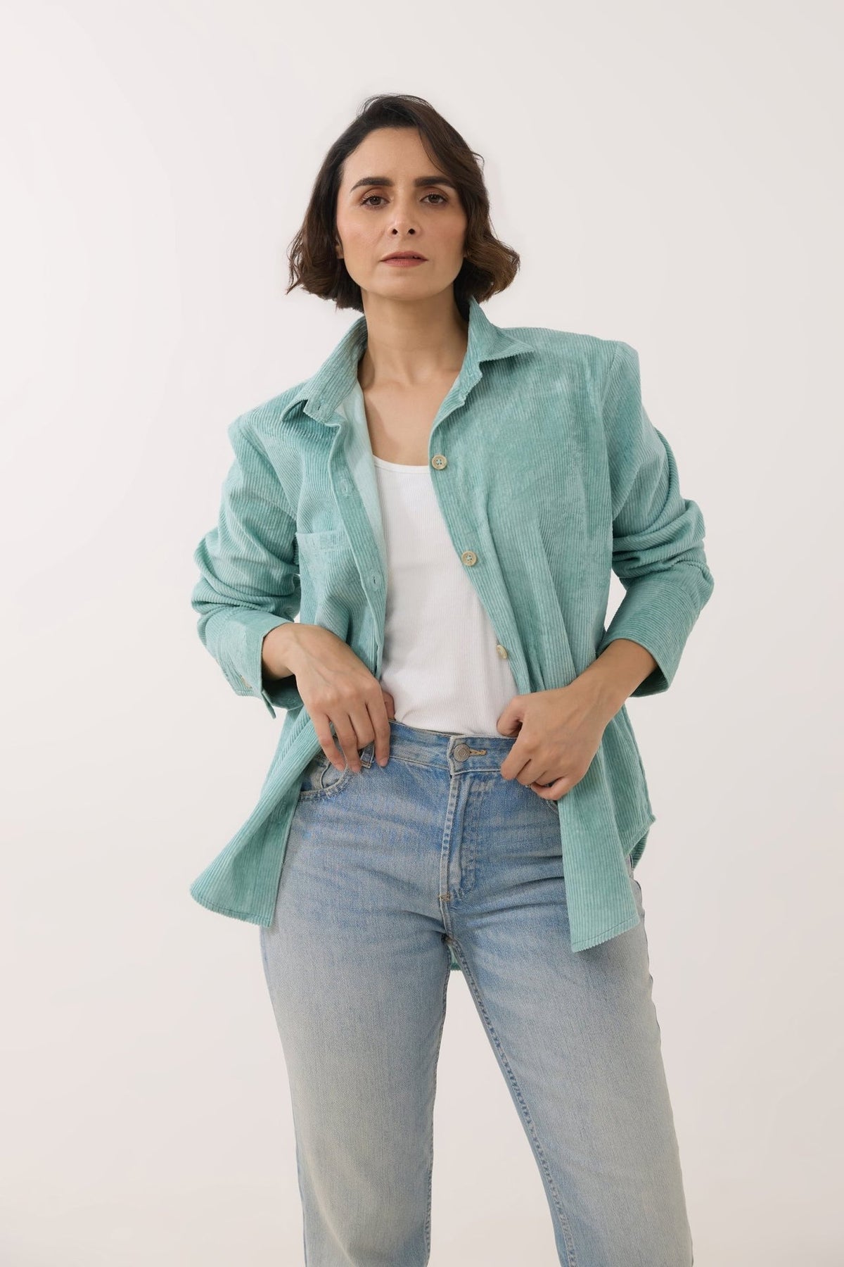 Aqua Blue Oversized Corduroy Shirt - Tara - C - Tara