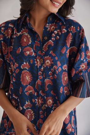 Bagru indigo Hand block Printed Floral Coord set - Tara - C - Tara