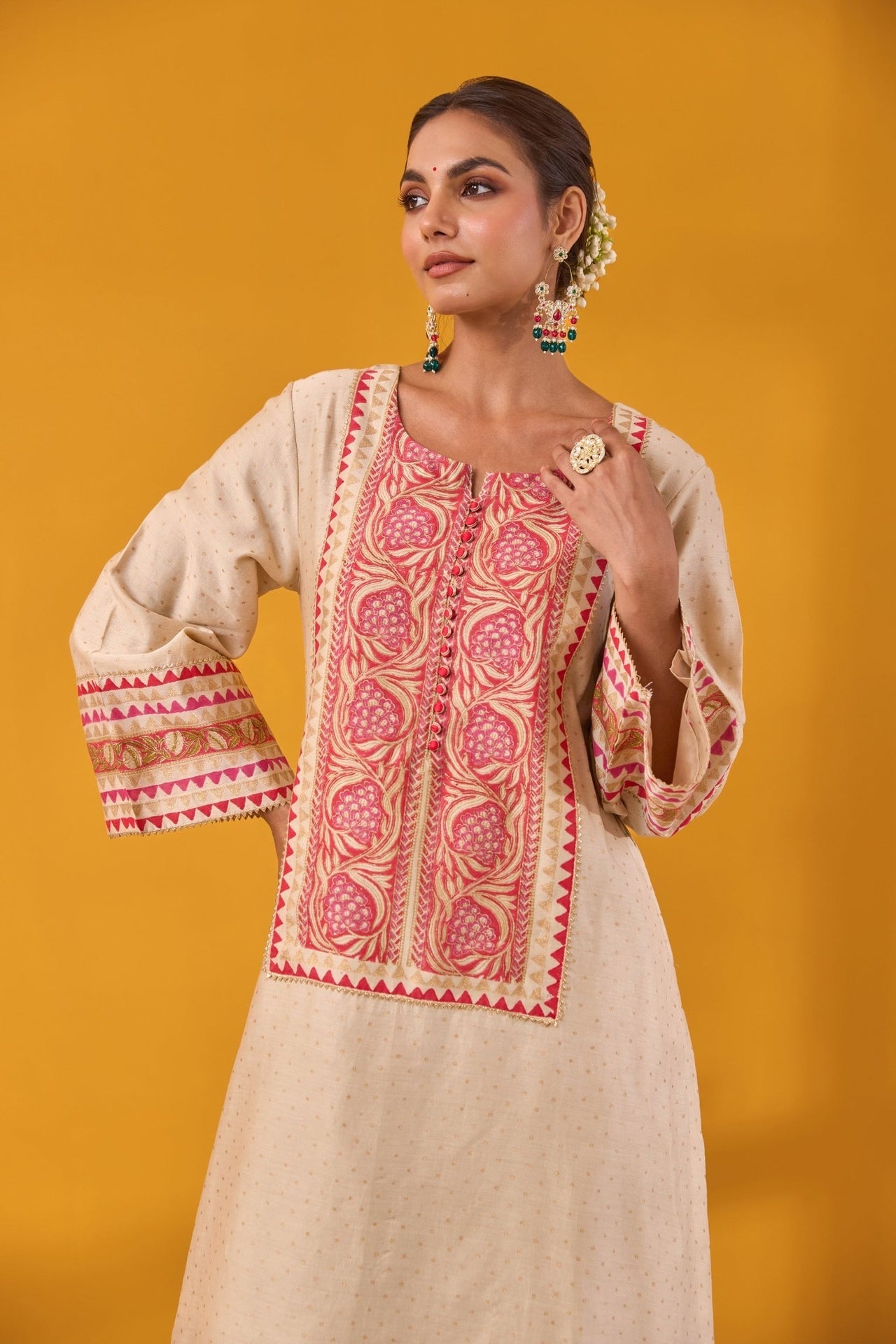 Beige Chanderi Hand Block Printed Coord Set - Tara - C - Tara