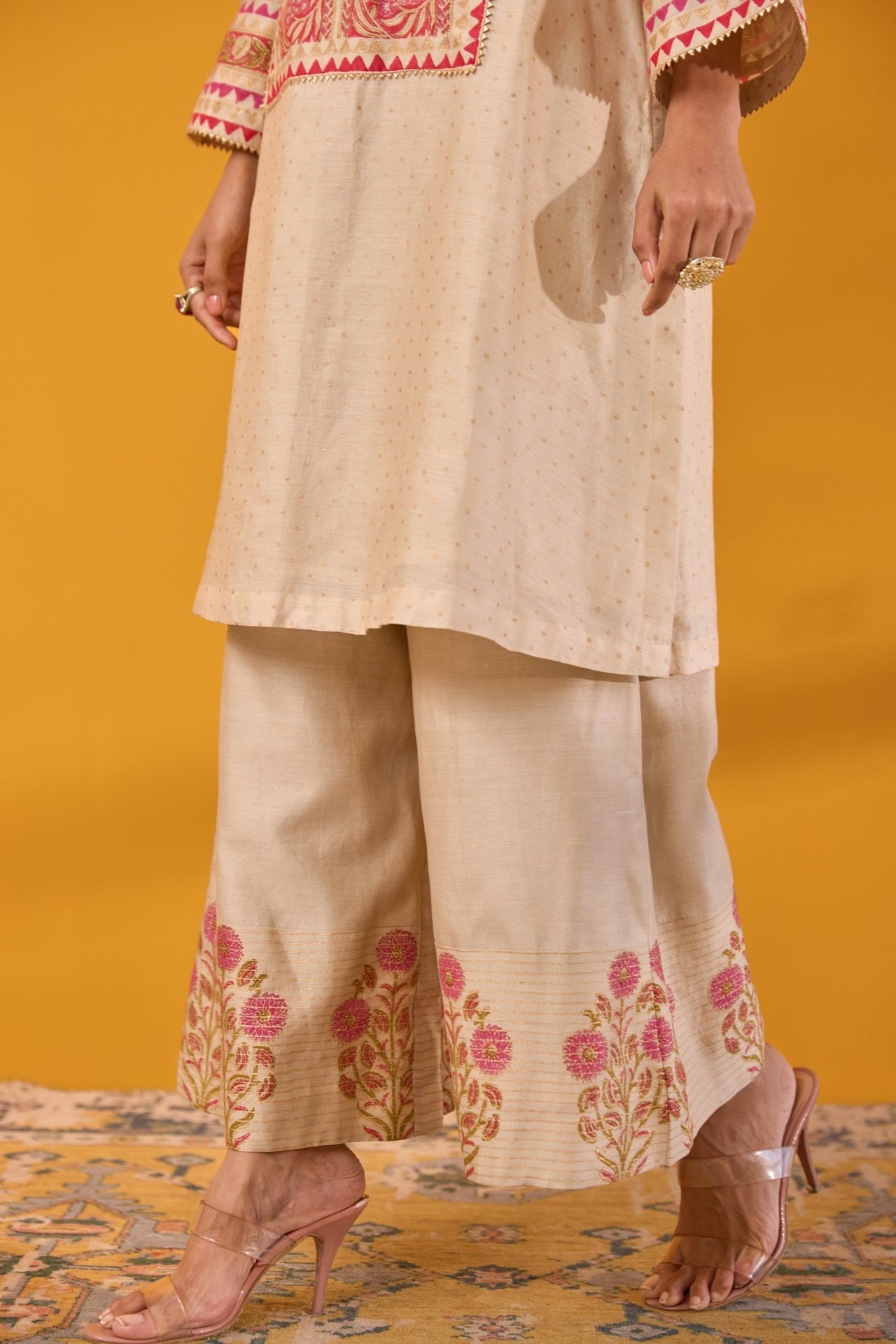Beige Chanderi Hand Block Printed Coord Set - Tara - C - Tara