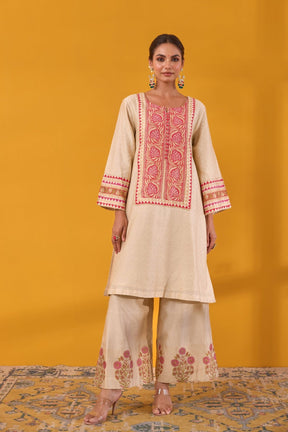 Beige Chanderi Hand Block Printed Coord Set - Tara - C - Tara