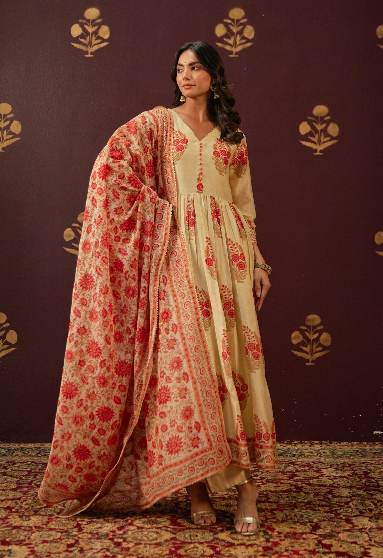 Beige Chanderi Hand Block Printed Suit Set With Dupatta - Tara - C - Tara