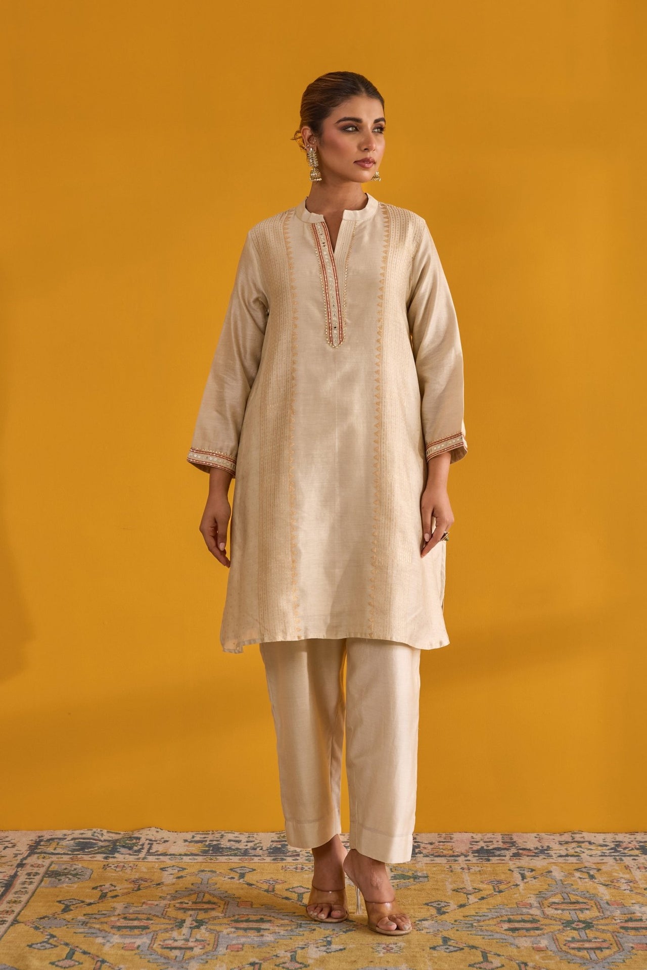 Beige Hand Block Printed Chanderi Coord Set - Tara - C - Tara