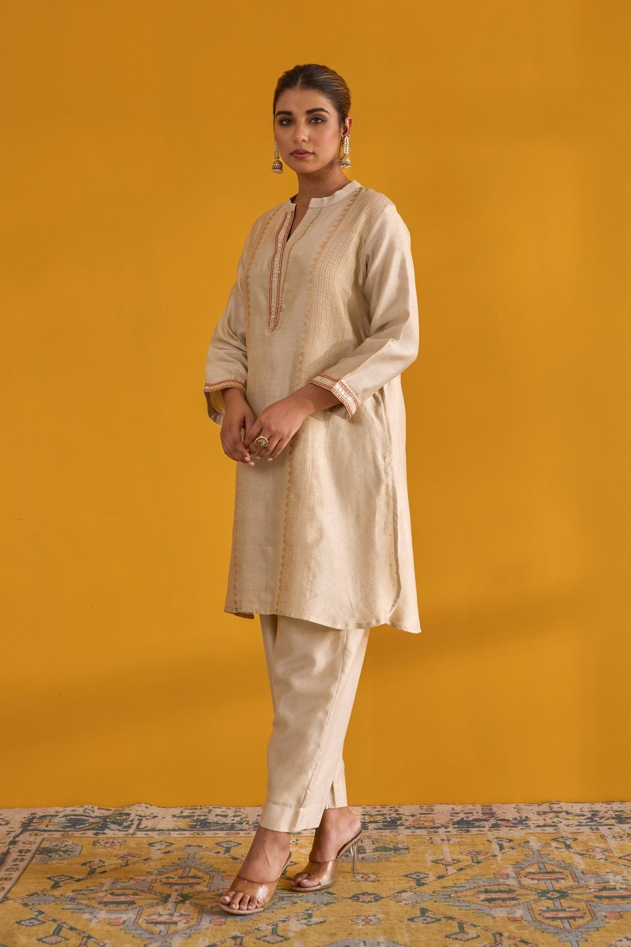 Beige Hand Block Printed Chanderi Coord Set - Tara - C - Tara