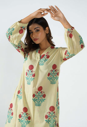 Beige Hand Block Printed Floral Co-ord Set (2pc) - Tara-C-Tara