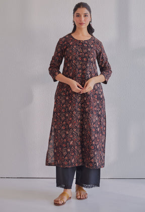 Black Ajrakh Hand Block Printed Cotton Kurta - Tara - C - Tara