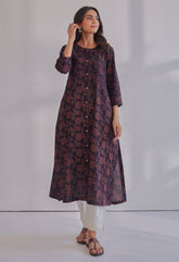 Black Ajrakh Hand Block Printed Cotton Kurta - Tara - C - Tara