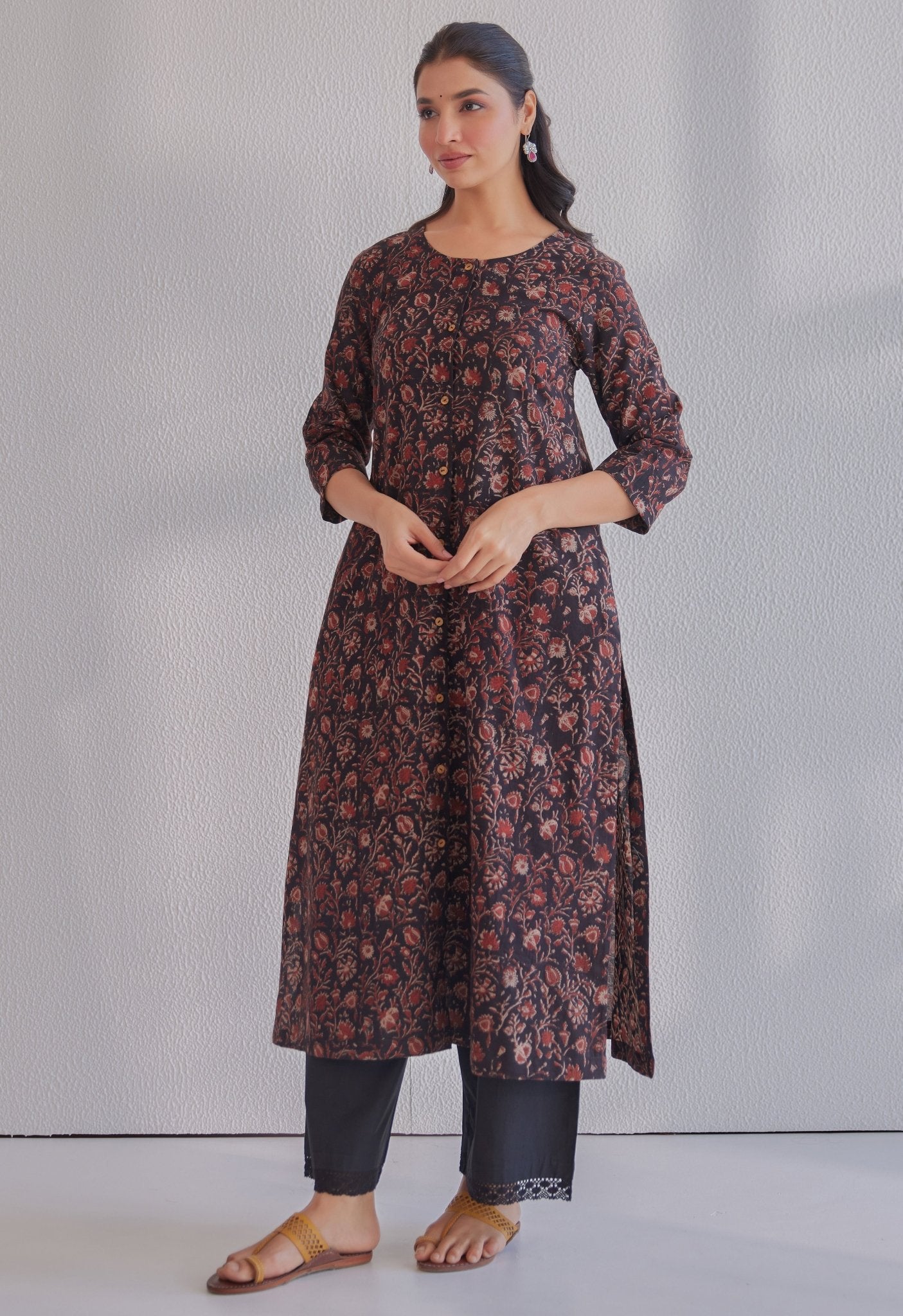 Black Ajrakh Hand Block Printed Cotton Kurta - Tara - C - Tara