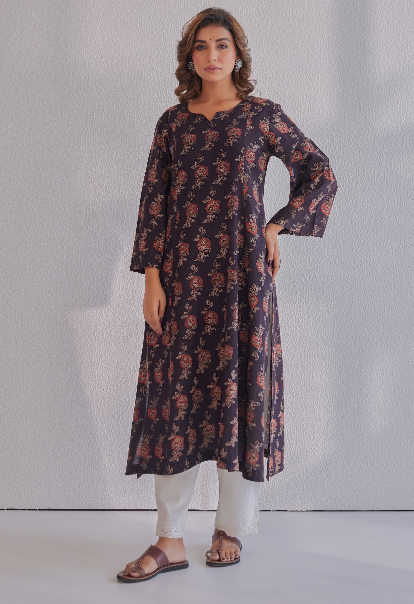 Black Ajrakh Rose Hand Block Printed Cotton Kurta - Tara - C - Tara