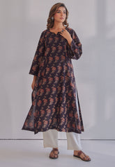 Black Ajrakh Rose Hand Block Printed Cotton Kurta - Tara - C - Tara