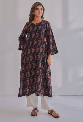 Black Ajrakh Rose Hand Block Printed Cotton Kurta - Tara - C - Tara