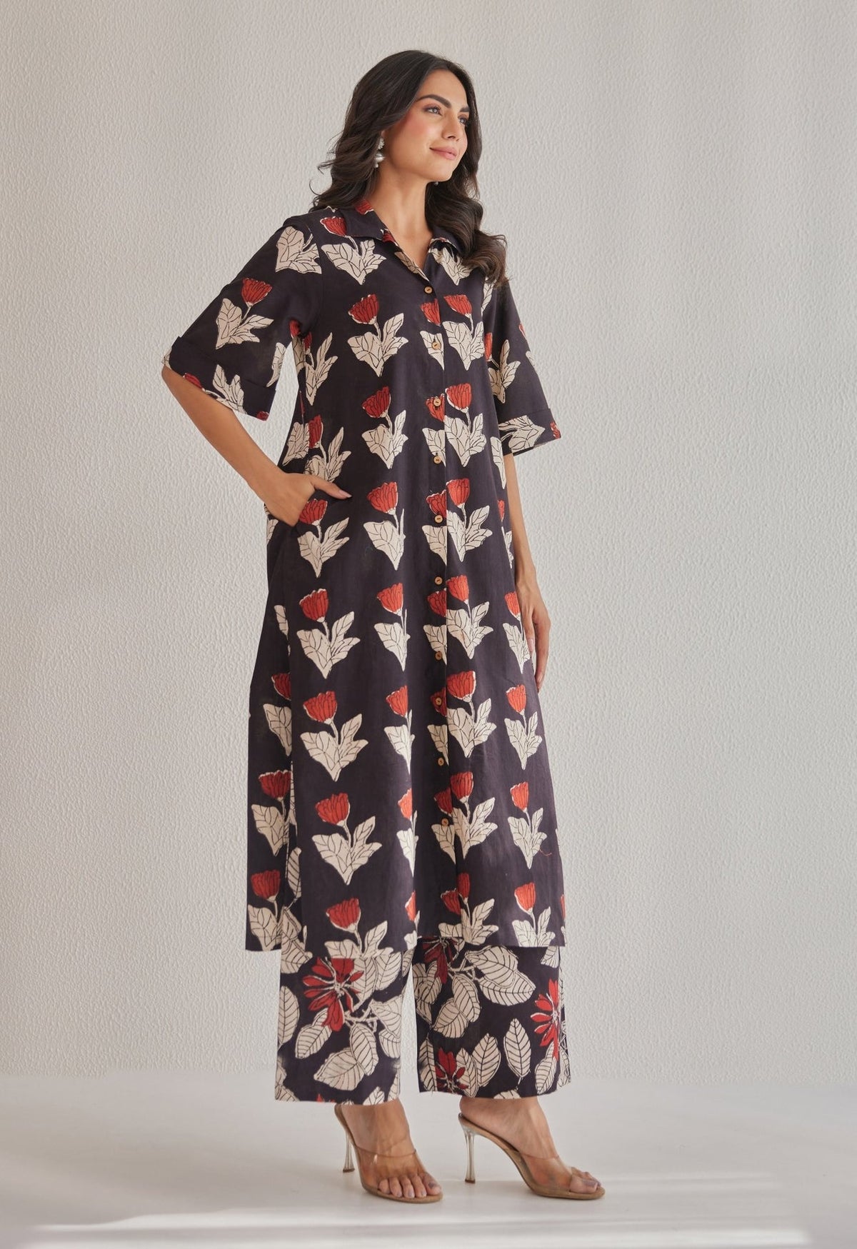 Black Bagru Hand Block Printed Cotton Kurta - Tara - C - Tara