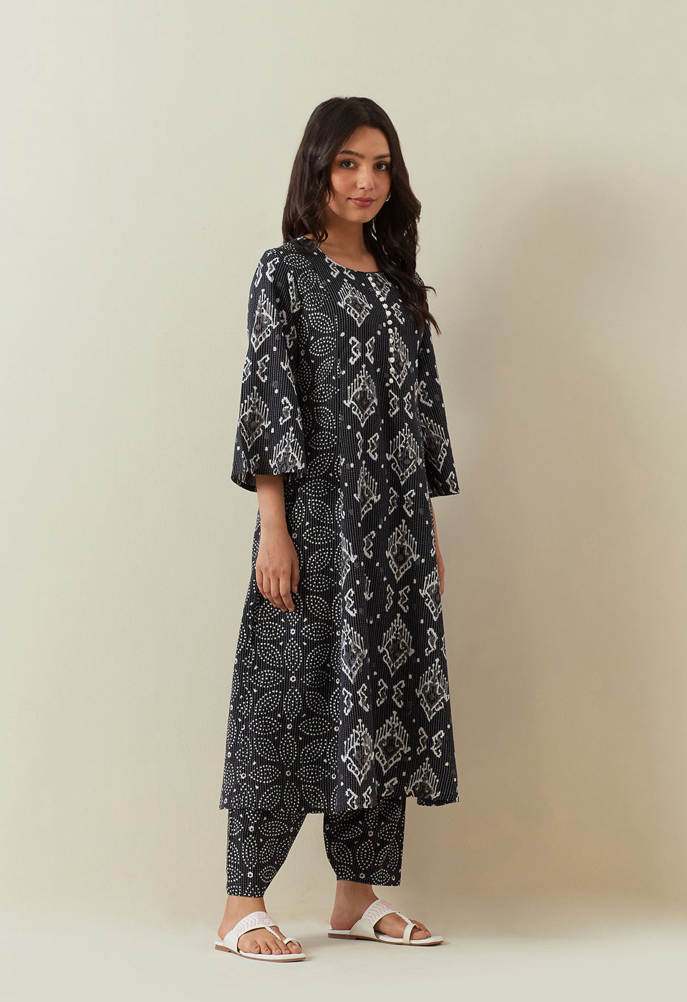 BLACK BAGRU HAND BLOCK PRINTED KANTHA KURTA - Tara - C - Tara