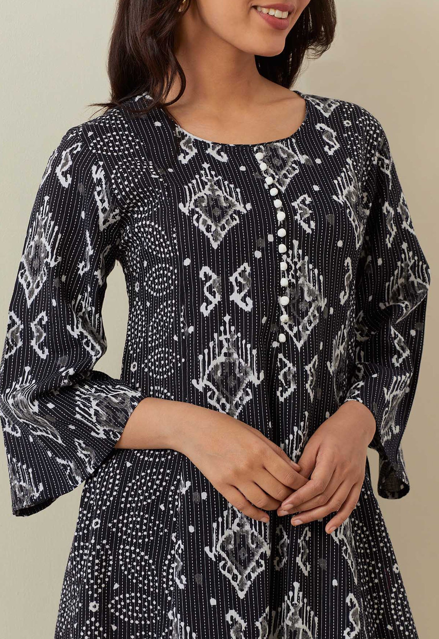 BLACK BAGRU HAND BLOCK PRINTED KANTHA KURTA WITH BOTTOMS - Tara - C - Tara