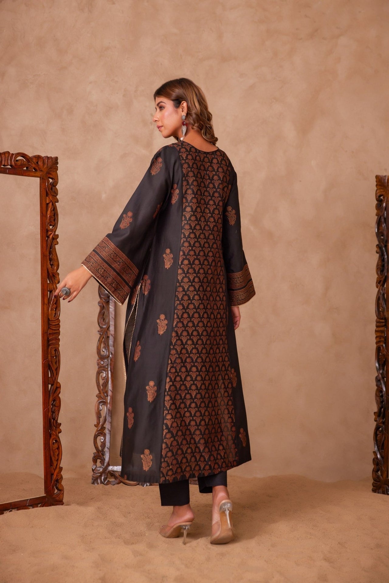 Black Cotton Hand Block Gold Printed Coord Set - Tara - C - Tara