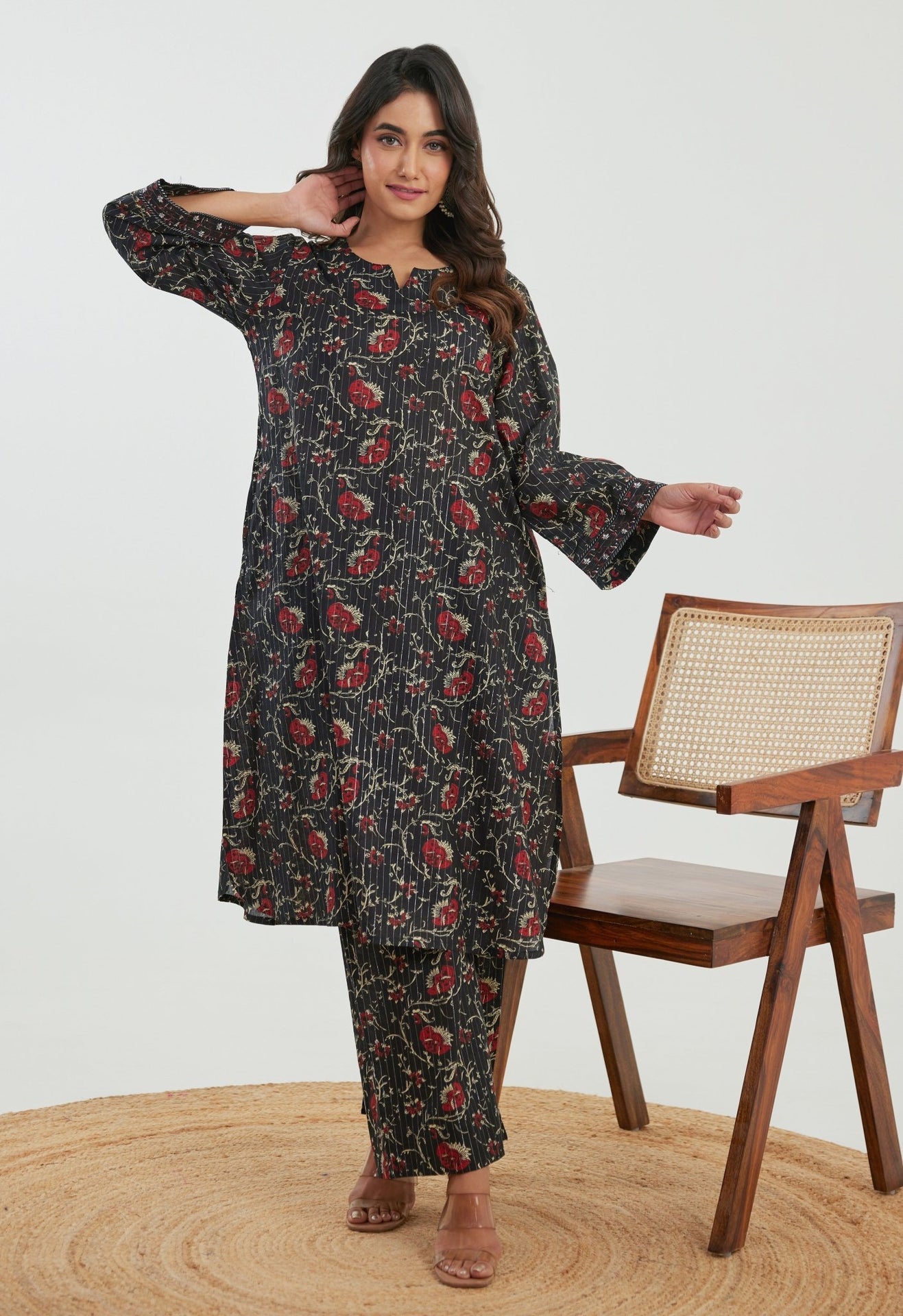 Black Floral Cotton Lurex Co - ord Set - Tara - C - Tara