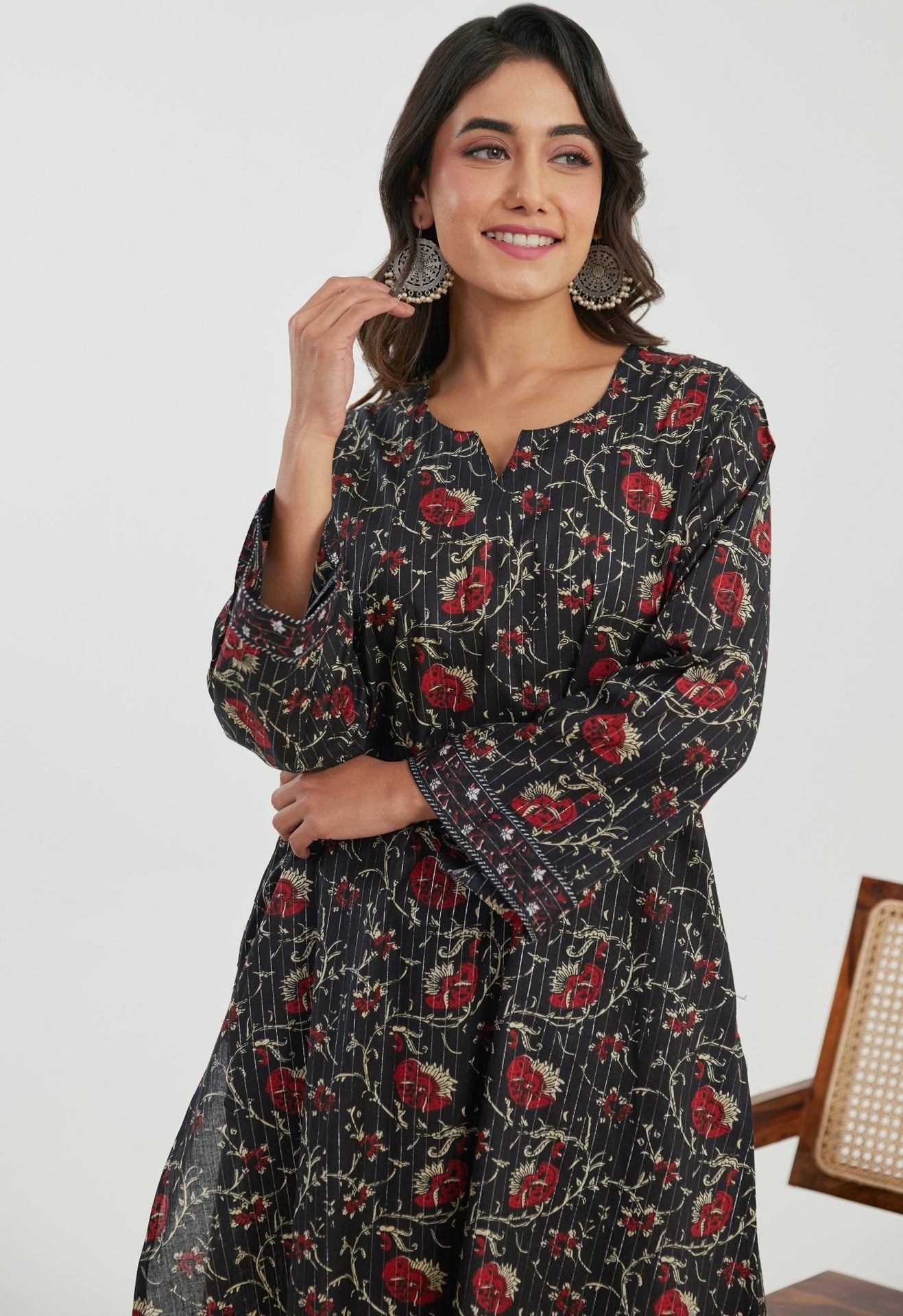 Black Floral Cotton Lurex Co - ord Set - Tara - C - Tara