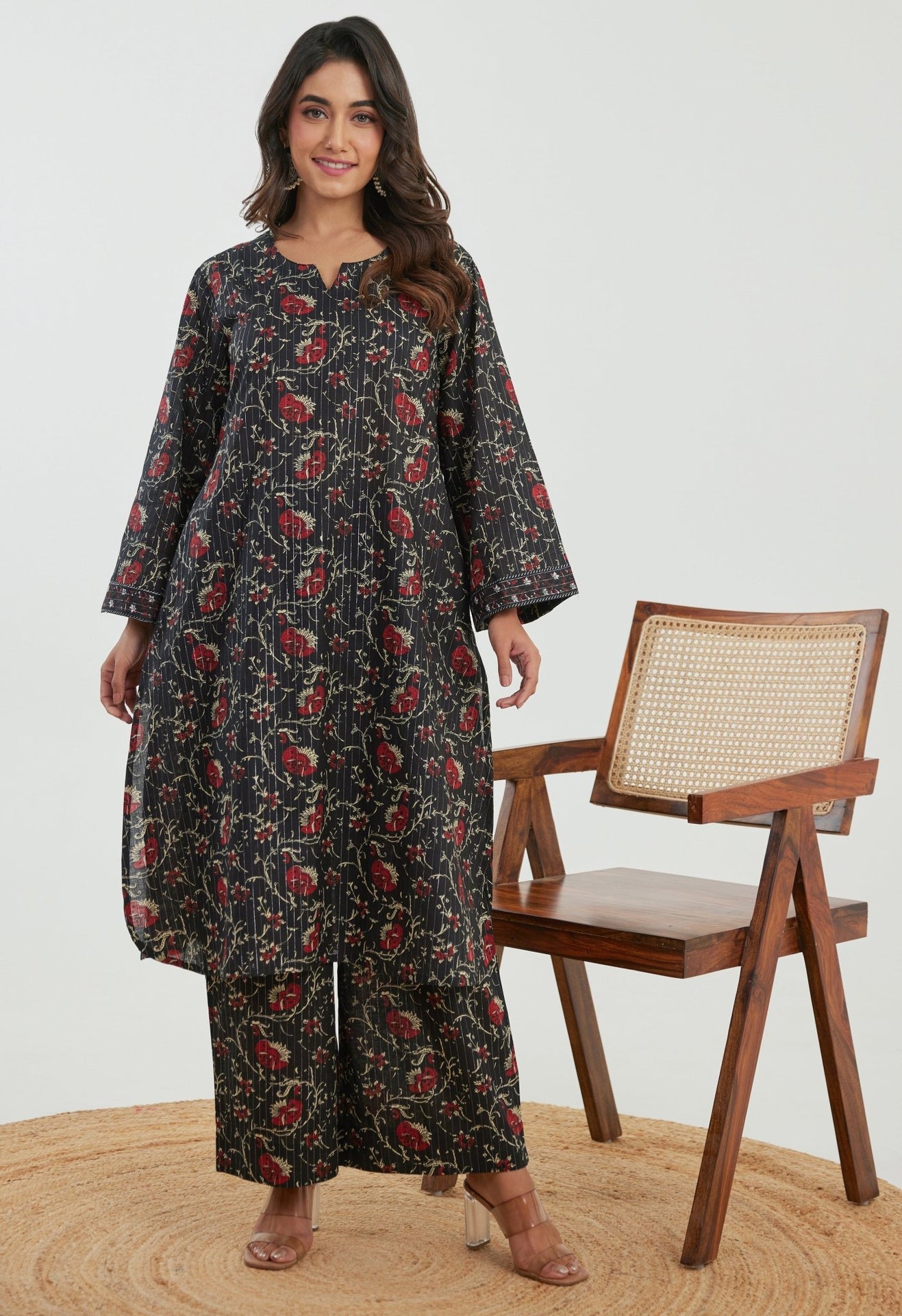 Black Floral Cotton Lurex Co - ord Set - Tara - C - Tara